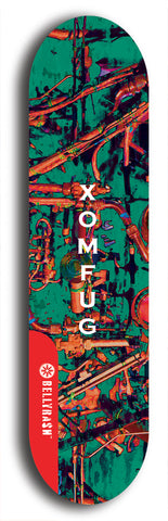 Skateboard deck: Limited edition, North American maple skateboard deck designed by underground artist BellyRash - available widths 7.5 to 8.5 inches in both mellow concave and steep concave shapes. Artwork: XOMFUG logo brand popsicle-shaped deck