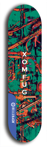 Skateboard deck: Limited edition, North American maple skateboard deck designed by underground artist BellyRash - available widths 7.5 to 8.5 inches in both mellow concave and steep concave shapes. Artwork: XOMFUG logo brand popsicle-shaped deck