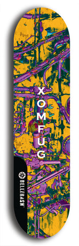 Skateboard deck: Limited edition, North American maple skateboard deck designed by underground artist BellyRash - available widths 7.5 to 8.5 inches in both mellow concave and steep concave shapes. Artwork: XOMFUG logo brand popsicle-shaped deck