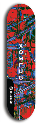 Skateboard deck: Limited edition, North American maple skateboard deck designed by underground artist BellyRash - available widths 7.5 to 8.5 inches in both mellow concave and steep concave shapes. Artwork: XOMFUG logo brand popsicle-shaped deck
