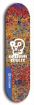 Skateboard deck: Limited edition, North American maple skateboard deck designed by underground artist BellyRash - available widths 7.5 to 8.5 inches in both mellow concave and steep concave shapes. Artwork: GRAFFITI SKULLZ logo brand popsicle-shaped deck with graffiti or street art background