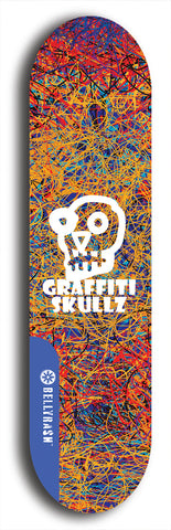 Skateboard deck: Limited edition, North American maple skateboard deck designed by underground artist BellyRash - available widths 7.5 to 8.5 inches in both mellow concave and steep concave shapes. Artwork: GRAFFITI SKULLZ logo brand popsicle-shaped deck with graffiti or street art background