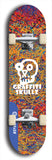 Skateboard deck: Limited edition, North American maple skateboard deck designed by underground artist BellyRash - available widths 7.5 to 8.5 inches in both mellow concave and steep concave shapes. Artwork: GRAFFITI SKULLZ logo brand popsicle-shaped deck with graffiti or street art background