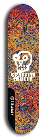 Skateboard deck: Limited edition, North American maple skateboard deck designed by underground artist BellyRash - available widths 7.5 to 8.5 inches in both mellow concave and steep concave shapes. Artwork: GRAFFITI SKULLZ logo brand popsicle-shaped deck with graffiti or street art background