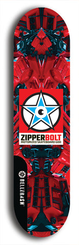 Skateboard deck: Limited edition, North American maple skateboard deck designed by underground artist BellyRash - available widths 7.5 to 8.5 inches in both mellow concave and steep concave shapes. Artwork: ZIPPERBOLT logo brand popsicle-shaped deck