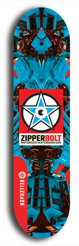 Skateboard deck: Limited edition, North American maple skateboard deck designed by underground artist BellyRash - available widths 7.5 to 8.5 inches in both mellow concave and steep concave shapes. Artwork: ZIPPERBOLT logo brand popsicle-shaped deck