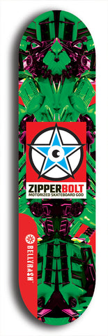 Skateboard deck: Limited edition, North American maple skateboard deck designed by underground artist BellyRash - available widths 7.5 to 8.5 inches in both mellow concave and steep concave shapes. Artwork: ZIPPERBOLT logo brand popsicle-shaped deck