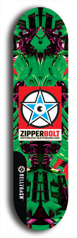 Skateboard deck: Limited edition, North American maple skateboard deck designed by underground artist BellyRash - available widths 7.5 to 8.5 inches in both mellow concave and steep concave shapes. Artwork: ZIPPERBOLT logo brand popsicle-shaped deck