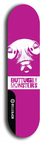 Skateboard deck: Limited edition, North American maple skateboard deck designed by underground artist BellyRash -- available in widths 7.5 to 8.5 inches in both mellow concave and steep concave shapes. Artwork: BUTTUGLY MONSTERS brand popsicle-shaped skateboard deck with monster in background. 