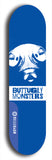 Skateboard deck: Limited edition, North American maple skateboard deck designed by underground artist BellyRash -- available in widths 7.5 to 8.5 inches in both mellow concave and steep concave shapes. Artwork: BUTTUGLY MONSTERS brand popsicle-shaped skateboard deck with monster in background. 