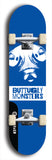 Skateboard deck: Limited edition, North American maple skateboard deck designed by underground artist BellyRash -- available in widths 7.5 to 8.5 inches in both mellow concave and steep concave shapes. Artwork: BUTTUGLY MONSTERS brand popsicle-shaped skateboard deck with monster in background. 