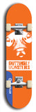 Skateboard deck: Limited edition, North American maple skateboard deck designed by underground artist BellyRash -- available in widths 7.5 to 8.5 inches in both mellow concave and steep concave shapes. Artwork: BUTTUGLY MONSTERS brand popsicle-shaped skateboard deck with monster in background. 