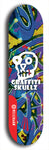 Skateboard deck: Limited edition, North American maple skateboard deck designed by underground artist BellyRash - available widths 7.5 to 8.5 inches in both mellow concave and steep concave shapes. Artwork: GRAFFITI SKULLZ logo brand popsicle-shaped deck with graffiti or street art background