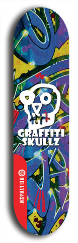 Skateboard deck: Limited edition, North American maple skateboard deck designed by underground artist BellyRash - available widths 7.5 to 8.5 inches in both mellow concave and steep concave shapes. Artwork: GRAFFITI SKULLZ logo brand popsicle-shaped deck with graffiti or street art background