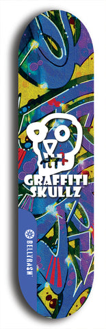 Skateboard deck: Limited edition, North American maple skateboard deck designed by underground artist BellyRash - available widths 7.5 to 8.5 inches in both mellow concave and steep concave shapes. Artwork: GRAFFITI SKULLZ logo brand popsicle-shaped deck with graffiti or street art background