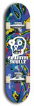 Skateboard deck: Limited edition, North American maple skateboard deck designed by underground artist BellyRash - available widths 7.5 to 8.5 inches in both mellow concave and steep concave shapes. Artwork: GRAFFITI SKULLZ logo brand popsicle-shaped deck with graffiti or street art background