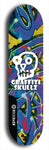 Skateboard deck: Limited edition, North American maple skateboard deck designed by underground artist BellyRash - available widths 7.5 to 8.5 inches in both mellow concave and steep concave shapes. Artwork: GRAFFITI SKULLZ logo brand popsicle-shaped deck with graffiti or street art background