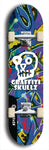 Skateboard deck: Limited edition, North American maple skateboard deck designed by underground artist BellyRash - available widths 7.5 to 8.5 inches in both mellow concave and steep concave shapes. Artwork: GRAFFITI SKULLZ logo brand popsicle-shaped deck with graffiti or street art background