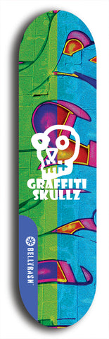 Skateboard deck: Limited edition, North American maple skateboard deck designed by underground artist BellyRash - available widths 7.5 to 8.5 inches in both mellow concave and steep concave shapes. Artwork: GRAFFITI SKULLZ logo brand popsicle-shaped deck with graffiti or street art background