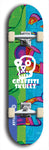 Skateboard deck: Limited edition, North American maple skateboard deck designed by underground artist BellyRash - available widths 7.5 to 8.5 inches in both mellow concave and steep concave shapes. Artwork: GRAFFITI SKULLZ logo brand popsicle-shaped deck with graffiti or street art background