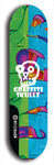 Skateboard deck: Limited edition, North American maple skateboard deck designed by underground artist BellyRash - available widths 7.5 to 8.5 inches in both mellow concave and steep concave shapes. Artwork: GRAFFITI SKULLZ logo brand popsicle-shaped deck with graffiti or street art background