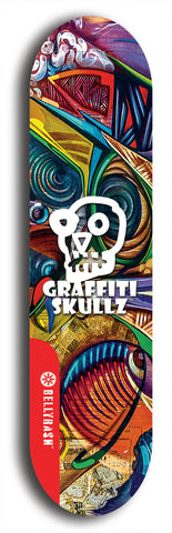 Skateboard deck: Limited edition, North American maple skateboard deck designed by underground artist BellyRash - available widths 7.5 to 8.5 inches in both mellow concave and steep concave shapes. Artwork: GRAFFITI SKULLZ logo brand popsicle-shaped deck with graffiti or street art background