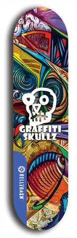 Skateboard deck: Limited edition, North American maple skateboard deck designed by underground artist BellyRash - available widths 7.5 to 8.5 inches in both mellow concave and steep concave shapes. Artwork: GRAFFITI SKULLZ logo brand popsicle-shaped deck with graffiti or street art background