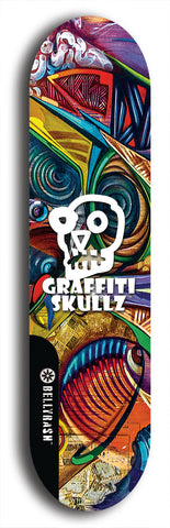 Skateboard deck: Limited edition, North American maple skateboard deck designed by underground artist BellyRash - available widths 7.5 to 8.5 inches in both mellow concave and steep concave shapes. Artwork: GRAFFITI SKULLZ logo brand popsicle-shaped deck with graffiti or street art background