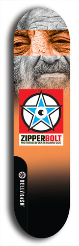 Skateboard deck: Limited edition, North American maple skateboard deck designed by underground artist BellyRash - available widths 7.5 to 8.5 inches in both mellow concave and steep concave shapes. Artwork: ZIPPERBOLT logo brand popsicle-shaped deck