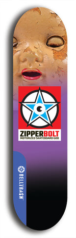 Skateboard deck: Limited edition, North American maple skateboard deck designed by underground artist BellyRash - available widths 7.5 to 8.5 inches in both mellow concave and steep concave shapes. Artwork: ZIPPERBOLT logo brand popsicle-shaped deck