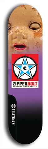 Skateboard deck: Limited edition, North American maple skateboard deck designed by underground artist BellyRash - available widths 7.5 to 8.5 inches in both mellow concave and steep concave shapes. Artwork: ZIPPERBOLT logo brand popsicle-shaped deck