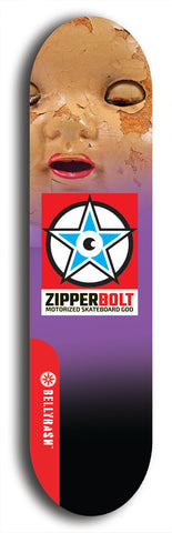 Skateboard deck: Limited edition, North American maple skateboard deck designed by underground artist BellyRash - available widths 7.5 to 8.5 inches in both mellow concave and steep concave shapes. Artwork: ZIPPERBOLT logo brand popsicle-shaped deck