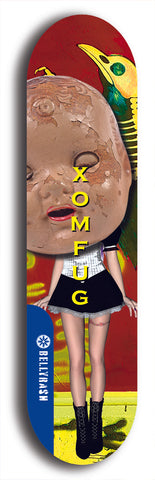 Skateboard deck: Limited edition, North American maple skateboard deck designed by underground artist BellyRash - available widths 7.5 to 8.5 inches in both mellow concave and steep concave shapes. Artwork: XOMFUG logo brand popsicle-shaped deck