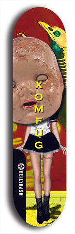 Skateboard deck: Limited edition, North American maple skateboard deck designed by underground artist BellyRash - available widths 7.5 to 8.5 inches in both mellow concave and steep concave shapes. Artwork: XOMFUG logo brand popsicle-shaped deck