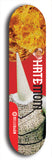 Skateboard deck: Limited edition, North American maple skateboard deck designed by underground artist BellyRash - available widths 7.5 to 8.5 inches in both mellow concave and steep concave shapes. Artwork: HATEMOM logo brand popsicle-shaped deck with varied backgrounds