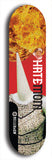 Skateboard deck: Limited edition, North American maple skateboard deck designed by underground artist BellyRash - available widths 7.5 to 8.5 inches in both mellow concave and steep concave shapes. Artwork: HATEMOM logo brand popsicle-shaped deck with varied backgrounds