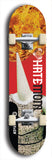 Skateboard deck: Limited edition, North American maple skateboard deck designed by underground artist BellyRash - available widths 7.5 to 8.5 inches in both mellow concave and steep concave shapes. Artwork: HATEMOM logo brand popsicle-shaped deck with varied backgrounds