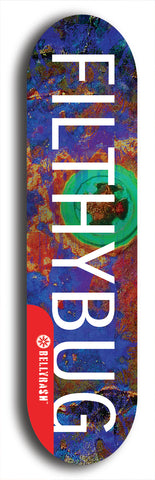 Limited edition, North American maple skateboard deck designed by underground artist BellyRash - available widths 7.5 to 8.5 inches in both mellow concave and steep concave shapes. Artwork: MEATBOOGER brand popsicle-shaped with large word logo on a multi-colored patterned background