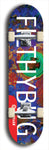 Limited edition, North American maple skateboard deck designed by underground artist BellyRash - available widths 7.5 to 8.5 inches in both mellow concave and steep concave shapes. Artwork: MEATBOOGER brand popsicle-shaped with large word logo on a multi-colored patterned background