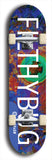 Limited edition, North American maple skateboard deck designed by underground artist BellyRash - available widths 7.5 to 8.5 inches in both mellow concave and steep concave shapes. Artwork: MEATBOOGER brand popsicle-shaped with large word logo on a multi-colored patterned background