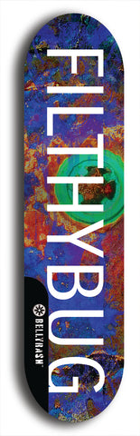 Limited edition, North American maple skateboard deck designed by underground artist BellyRash - available widths 7.5 to 8.5 inches in both mellow concave and steep concave shapes. Artwork: MEATBOOGER brand popsicle-shaped with large word logo on a multi-colored patterned background