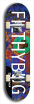 Limited edition, North American maple skateboard deck designed by underground artist BellyRash - available widths 7.5 to 8.5 inches in both mellow concave and steep concave shapes. Artwork: MEATBOOGER brand popsicle-shaped with large word logo on a multi-colored patterned background