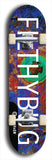 Limited edition, North American maple skateboard deck designed by underground artist BellyRash - available widths 7.5 to 8.5 inches in both mellow concave and steep concave shapes. Artwork: MEATBOOGER brand popsicle-shaped with large word logo on a multi-colored patterned background