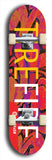 Limited edition, North American maple skateboard deck designed by underground artist BellyRash - available widths 7.5 to 8.5 inches in both mellow concave and steep concave shapes. Artwork: MEATBOOGER brand popsicle-shaped with large word logo on a multi-colored patterned background