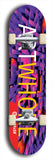 Limited edition, North American maple skateboard deck designed by underground artist BellyRash - available widths 7.5 to 8.5 inches in both mellow concave and steep concave shapes. Artwork: MEATBOOGER brand popsicle-shaped with large word logo on a multi-colored patterned background