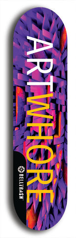 Limited edition, North American maple skateboard deck designed by underground artist BellyRash - available widths 7.5 to 8.5 inches in both mellow concave and steep concave shapes. Artwork: MEATBOOGER brand popsicle-shaped with large word logo on a multi-colored patterned background