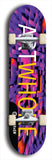 Limited edition, North American maple skateboard deck designed by underground artist BellyRash - available widths 7.5 to 8.5 inches in both mellow concave and steep concave shapes. Artwork: MEATBOOGER brand popsicle-shaped with large word logo on a multi-colored patterned background