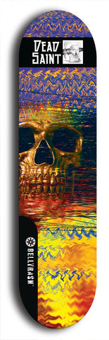 Skateboard deck: Limited edition, North American maple skateboard deck designed by underground artist BellyRash - available widths 7.5 to 8.5 inches in both mellow concave and steep concave shapes. Artwork: DEAD SAINT logo brand popsicle-shaped deck 