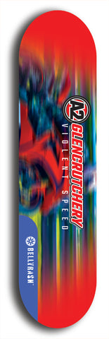 Skateboard deck: Limited edition, North American maple skateboard deck designed by underground artist BellyRash -- available in widths 7.5 to 8.5 inches in both mellow concave and steep concave shapes. Artwork: A2 GLENCRUTCHERY brand popsicle-shaped skateboard deck with  racing motorcycle from the TT race