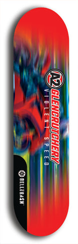 Skateboard deck: Limited edition, North American maple skateboard deck designed by underground artist BellyRash -- available in widths 7.5 to 8.5 inches in both mellow concave and steep concave shapes. Artwork: A2 GLENCRUTCHERY brand popsicle-shaped skateboard deck with  racing motorcycle from the TT race